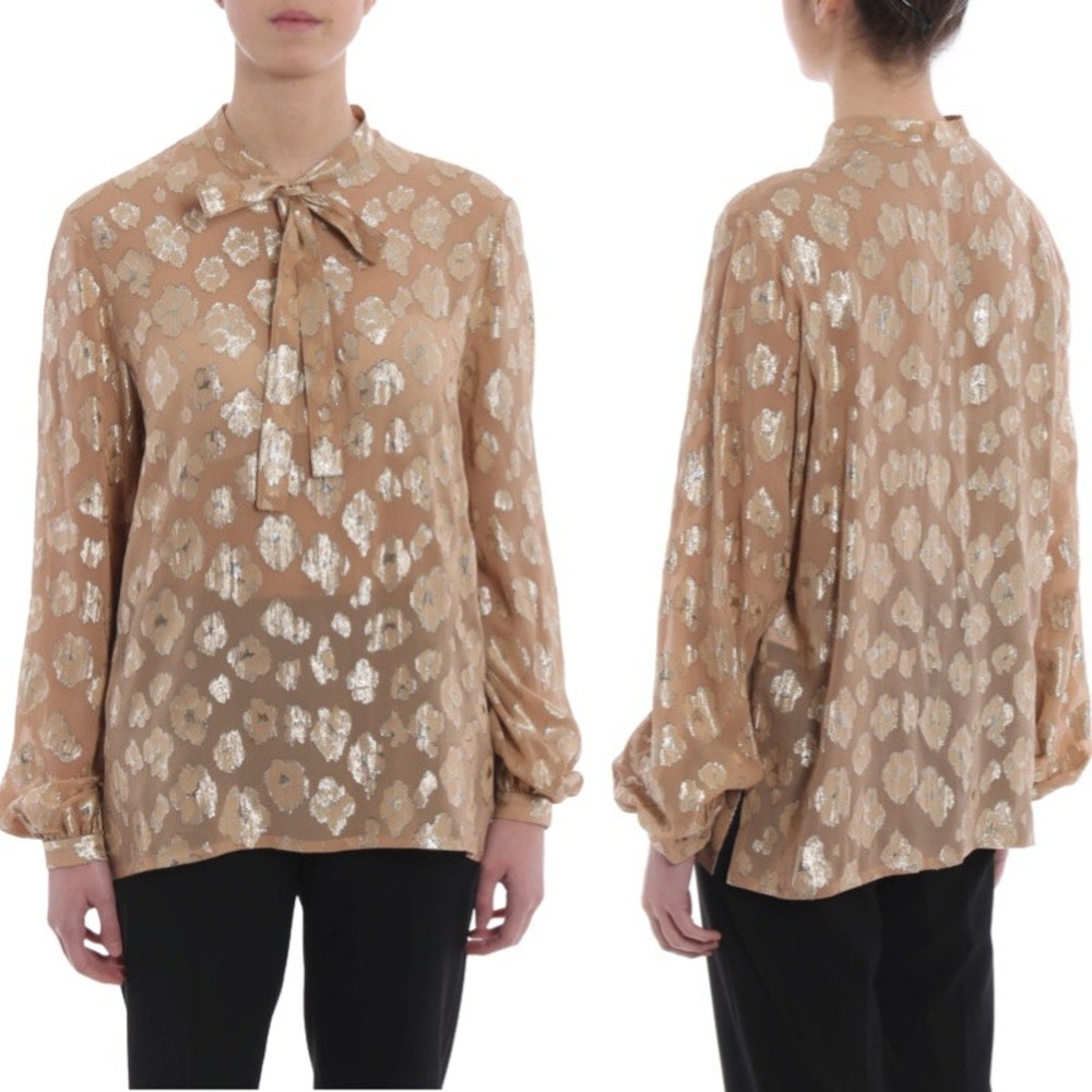 Saint Laurent Lamé Flowers Silk Blouse Gold Metallic Tie Neck Size 36 NWT - Picture 3 of 9